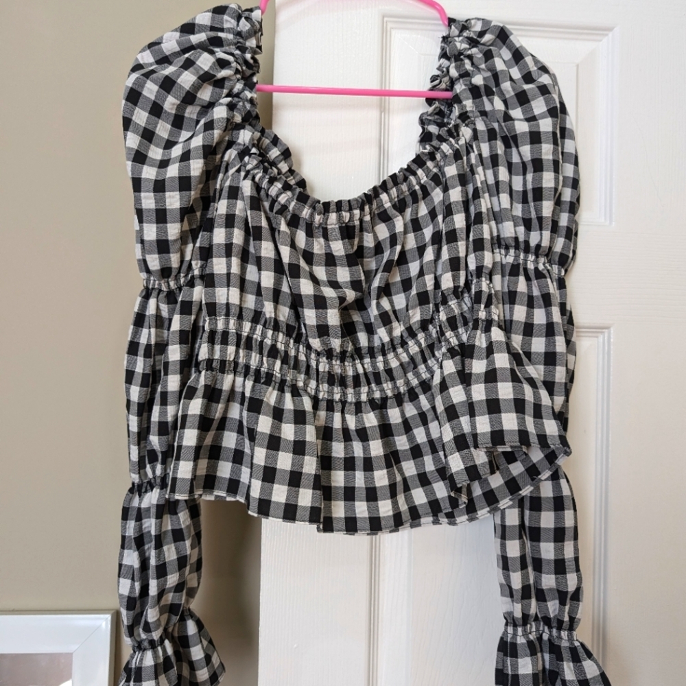 Cropped bubble blouse with checker print